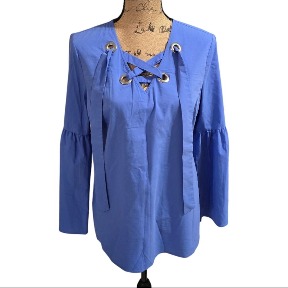 Michael Kors Blue Lace-Up Women's Bell Sleeve Blouse‎ Top Size Medium